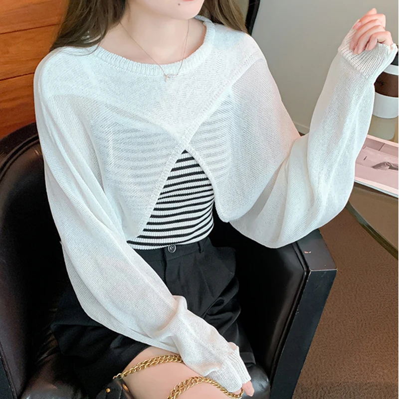 

Fashion O-Neck Hollow Short Blouse Lady Casual Loose Knitted Crop Tops Elegant Y2K Batwing Long Sleeve White Shirt Women 26749
