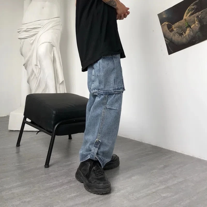 New HIP-HOP Men Grunge Streetwear Gray Baggy Jeans Women Korean Fashion Oversized Pockets Cargo Denim Pants Wide Leg Trousers