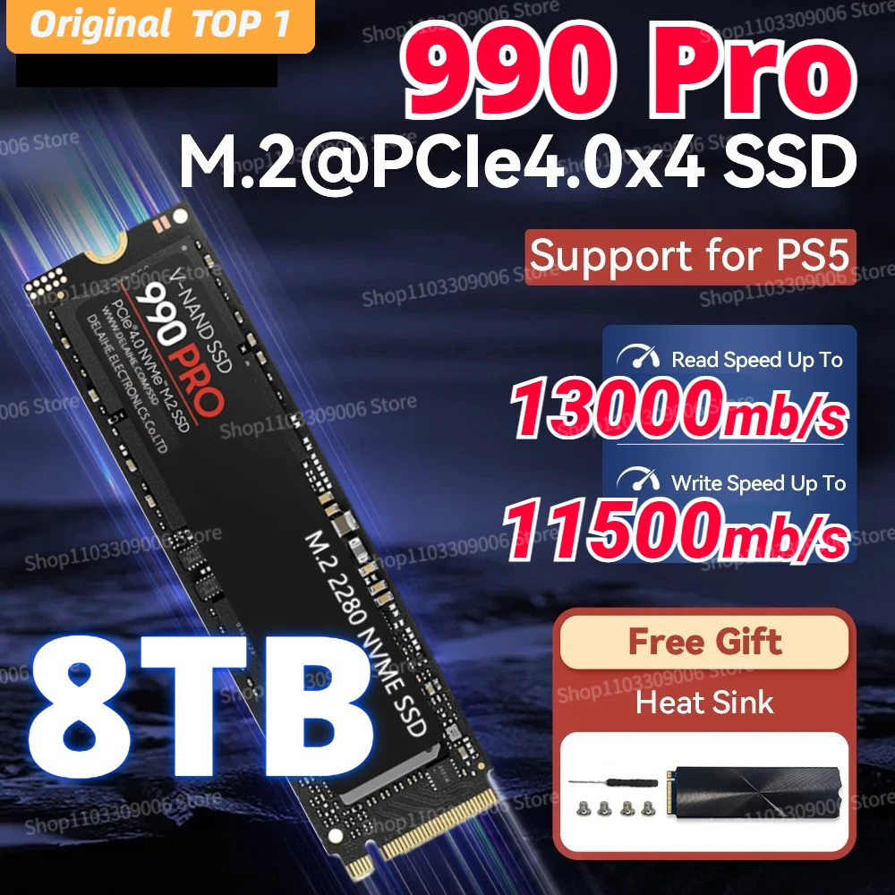 

990Pro M.2 SSD 512GB 1TB 2TB 4TB 13000MB/s with Heatsink PCIe4.0x4 NVMe Hard Disk Internal Solid State Drive for PS5 Desktop PC