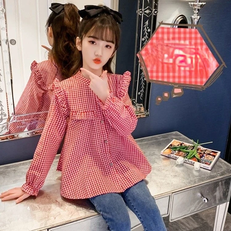 

2023 Spring Autumn New Baby Girls Fashion Puff Long Sleeved Tops Blouses Children's Korean Style Clothes Plaid O-neck Shirts A04