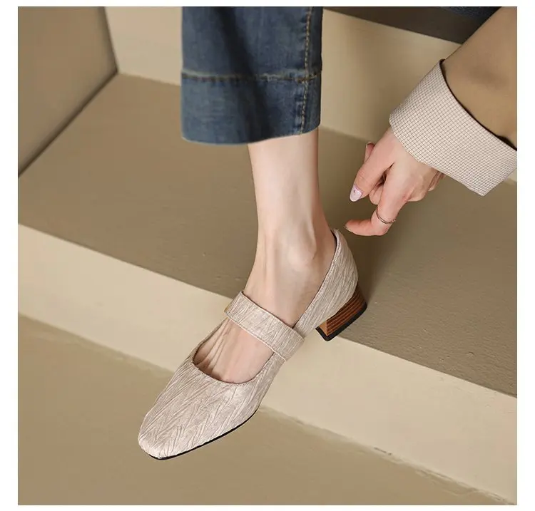 

2023 Spring Square Toe Apricot Mary Jane Shoes for Women's Retro Thick Heel Shallow Mouth Pumps Female Summer Dress Shoes