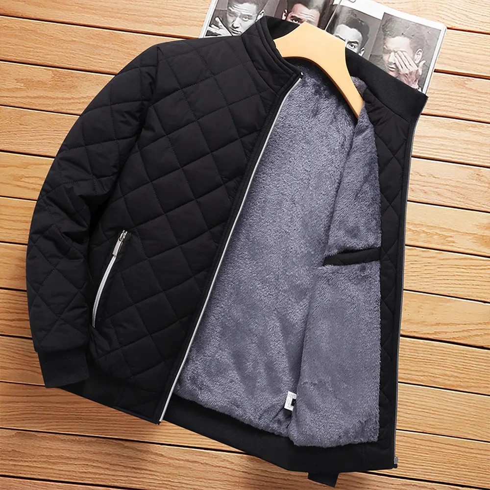 2023 Brand New Slim Fit Coat Autumn Winter Bomber Jacket Men Diamond Pattern Fleece Lined Casual Jacket Men Fashion Clothing