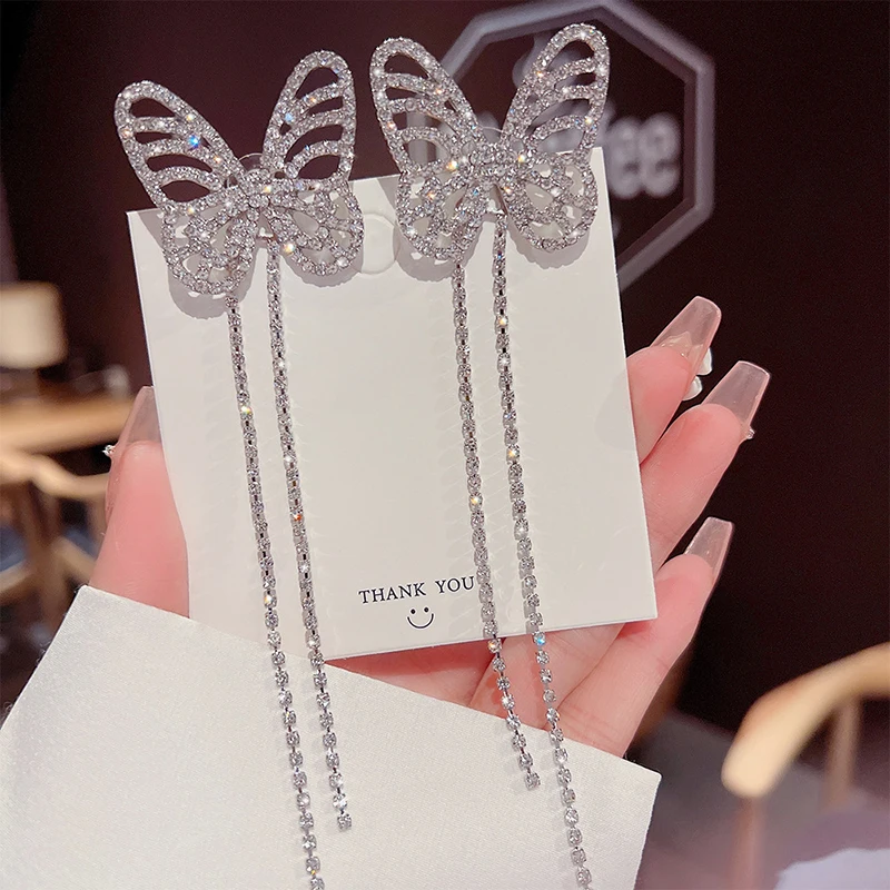 

Exaggerated Long Tassel Rhinestone Drop Earrings for Women Oversize Hollow Butterfly Crystal Dangle Earrings Jewelry Accessories