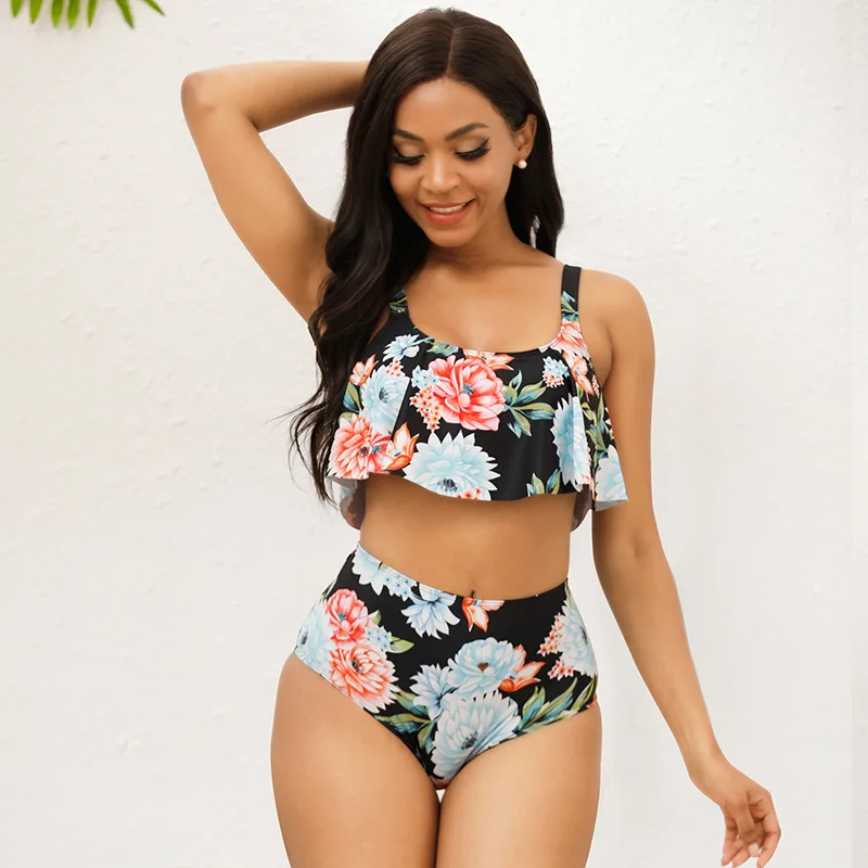 

2022 New Plus Size Sexy High Waist Women Adult Floral Pattern Two-piece Bikini Sets Fashion Floral Bathing Suits Swimwear
