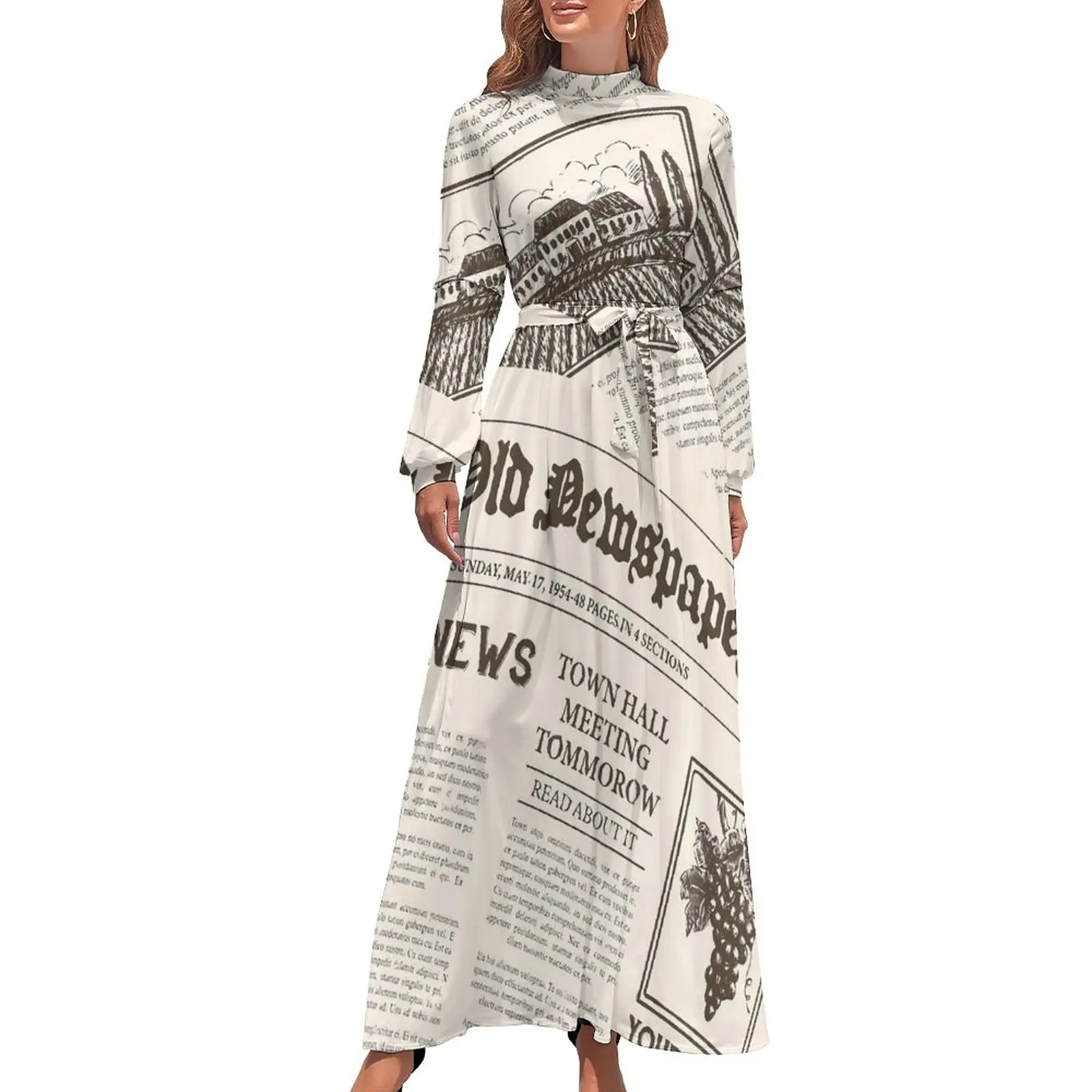 

Old Newspaper Dress Long Sleeve Vintage Letter Print Maxi Dress High Waist Fashion Boho Beach Long Dresses Birthday Present