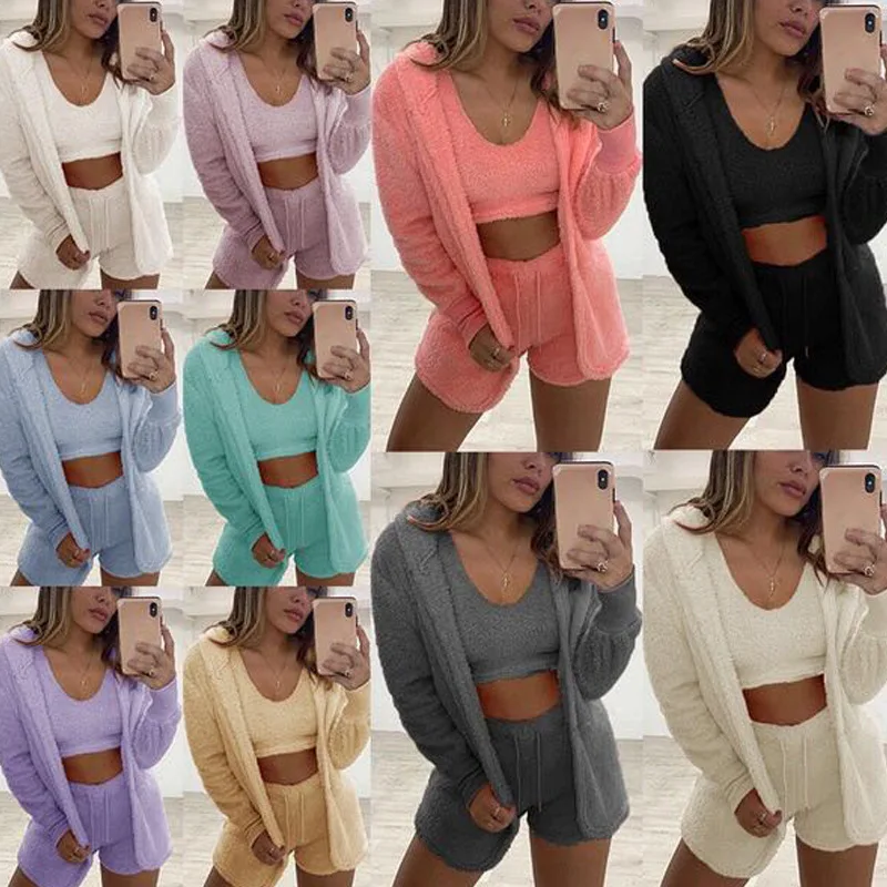 

2022 Hot home wear long sleeve plush fashion casual three-piece jacket vest shorts sports suit one