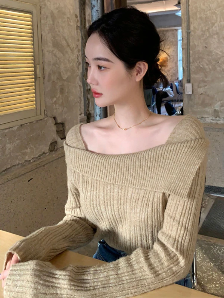 

Korobov Off-shoulder Elegant Solid Color Knitwears Temperament Pullovers Vintage Sweater Korean Fashion Pull Femme Hiver 2022