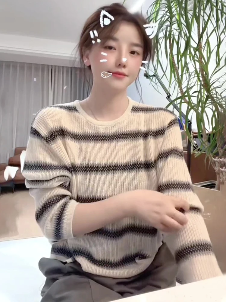 Ранняя осень тонкий вязаный топ в полоску с длинными рукавами женский