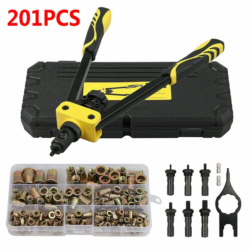 210pcs M3 M4 M5 M6 M8 M10 Rivet Nut Insert Threaded Hand Rivet Nut Gun Manual Riveter for Riveting Rivnut Tool Nut Toolbox