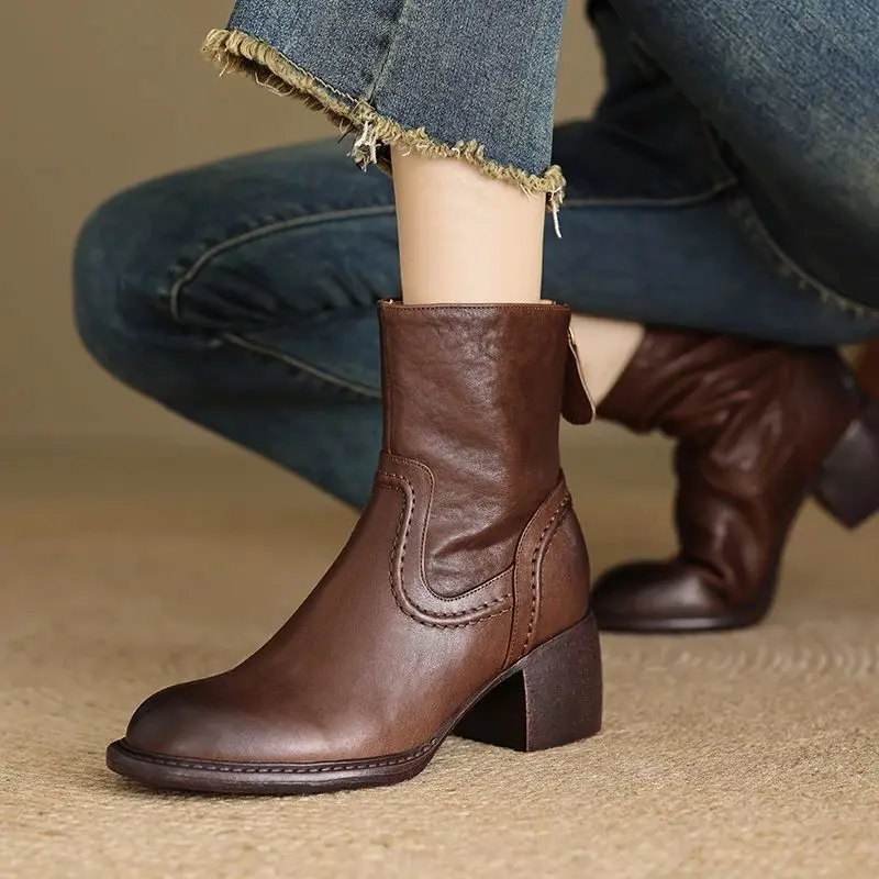 Женские ботильоны в стиле ретро осенне-зимняя женская теплая обувь из воловьей