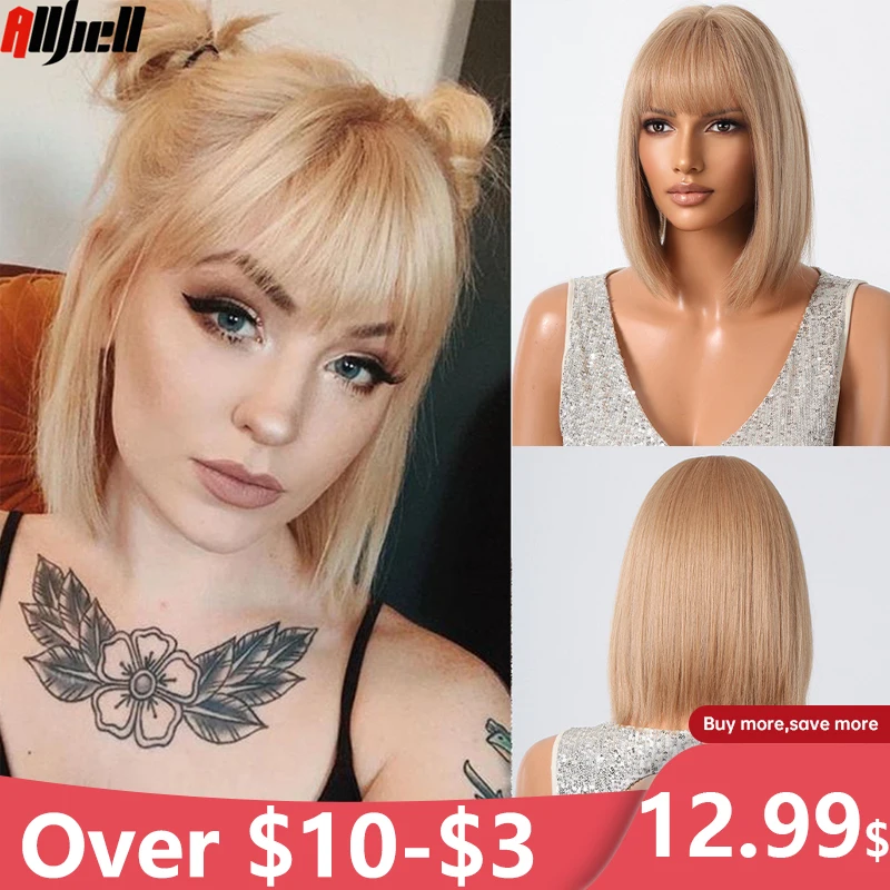 

Blonde Golden Straight Short Wigs with Bangs for Women Afro Golden Bob Hair Lolita Wig for Daily Party Natural Heat Resistant
