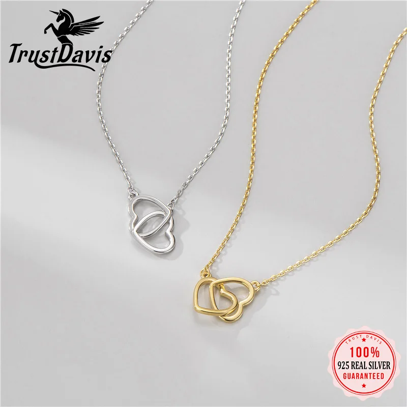 

Trustdavis Real 925 Sterling Silver Sweet Romantic Double Heart Clavicle Necklace For Women Wedding Valentine's Day Gift DA2592