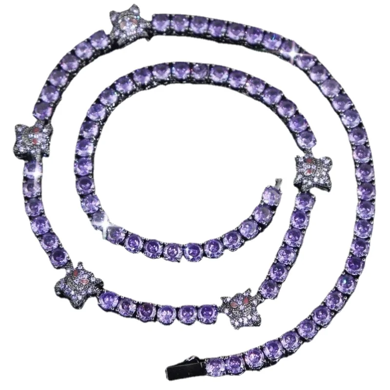 

2023 Popular Pokemon Anime Anime Hip Hop Gengar Full of Diamond Necklace Pendants Diy Zircon Purple Ins Rap for Men and Women