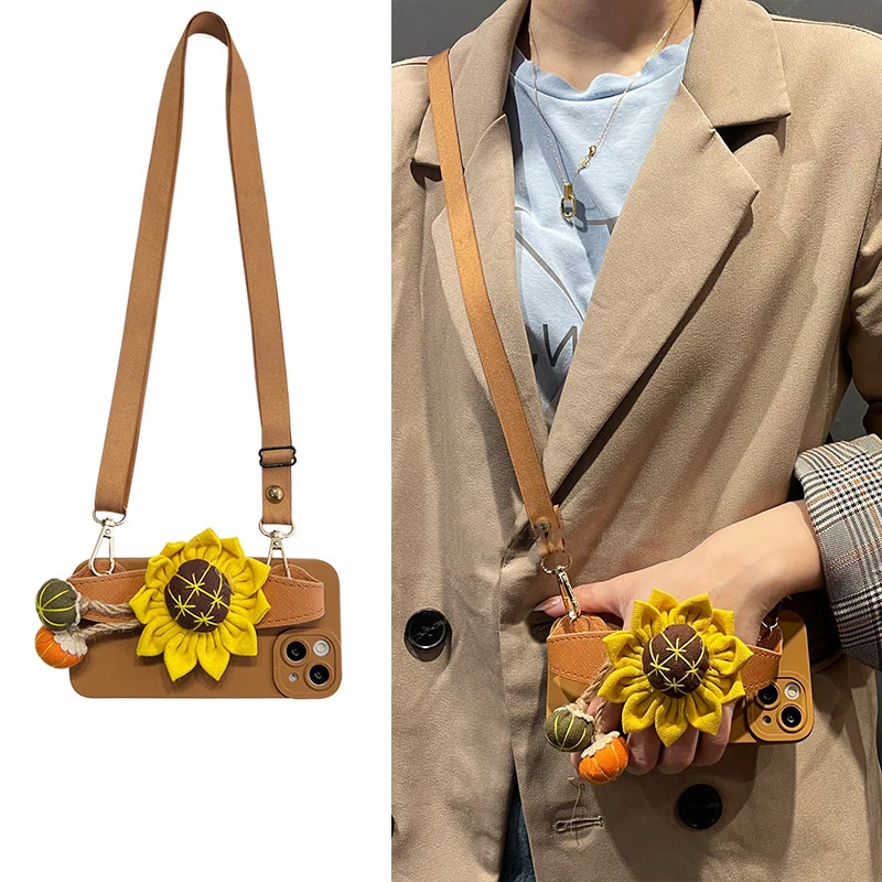 

Leather Sunflower Flower Wristband Phone Case For iPhone 14 13 12 11 Pro Max Mini X XS XR 7 8 Plus Lanyard Dual Use iPhone Case