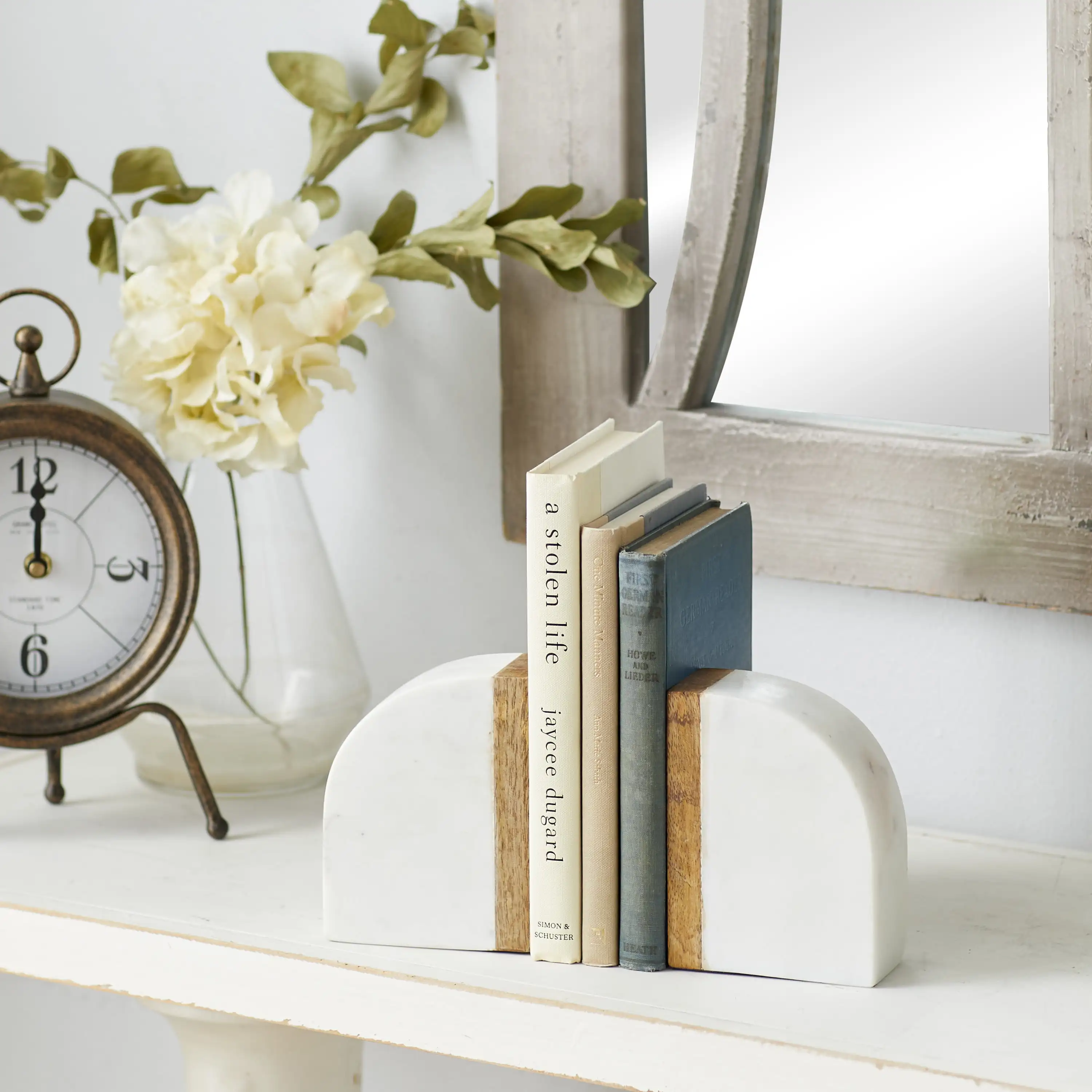 

4" White Marble Bookends with Wood Details (Set of 2)