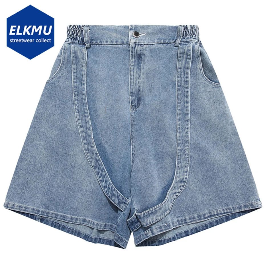 

Men Y2K Jeans Shorts Ribbons Splicing Loose Denim Shorts Black Blue Harajuku Streetwear Hip Hop Shorts Oversized Man Wide Leg