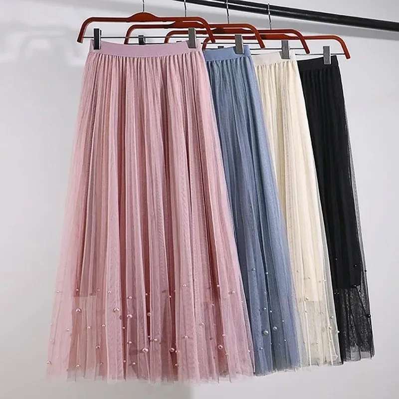 Korean Style Fashion Maxi Long Tulle Skirt Women High Waist Summer Autumn Vintage Harajuku Pink Elastic Waist Pleated Tutu Skirt