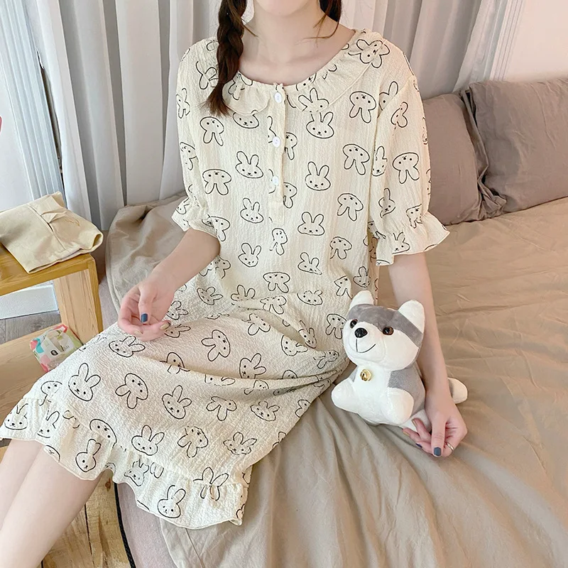 

Kawaii Miffys ночная рубашка с коротким рукавом женская летняя хлопковая Марля 2022 новая простая Милая свободная ночная рубашка платье для домашн...