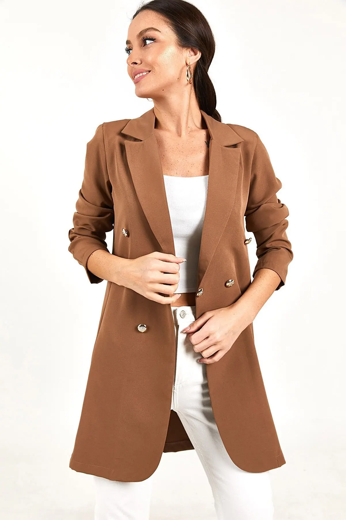 Women Blazer 2023 New Professional OL Solid Color Blazer for Women Casual Double Breasted Mid Length Jacket
