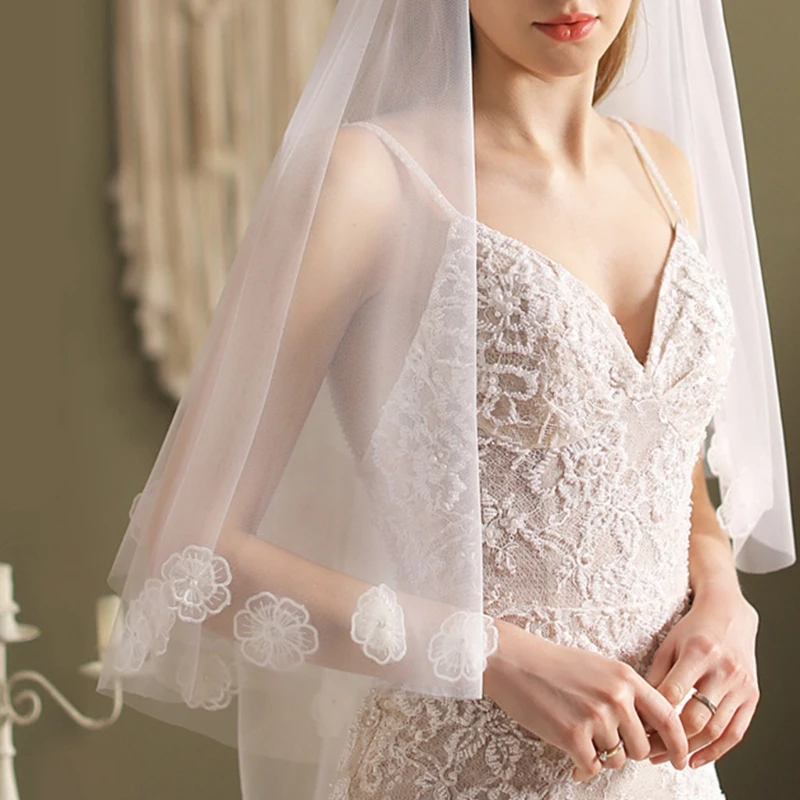 2-слойная фата с гребешком и кружевными цветами. Прозрачный тюль 100 см/39 дюймов