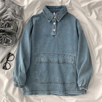 denim coats women long sleeve pullover jean jacket fashion female vintage loose outwear button up turn down collar tops