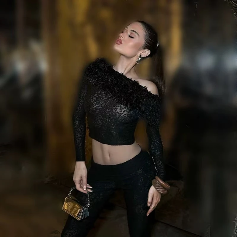 Зима 2024 новый продукт элегантный топ на одно плечо с волосатым зрелым принтом и