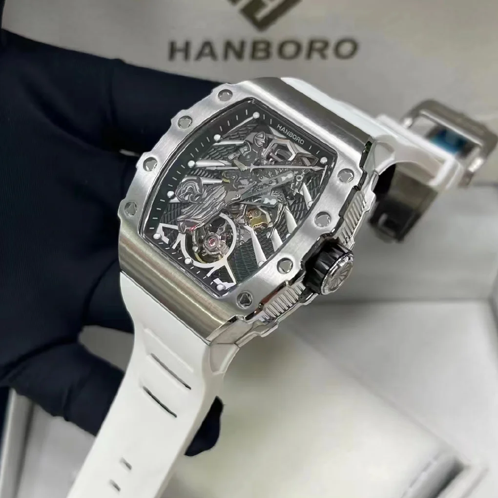 

HANBORO Men Automatic Watch Luxury Mechanical Wristwatch Tonneau Waterproof Luminous Skeleton Carbon Fibre / Steel Bezel 8215