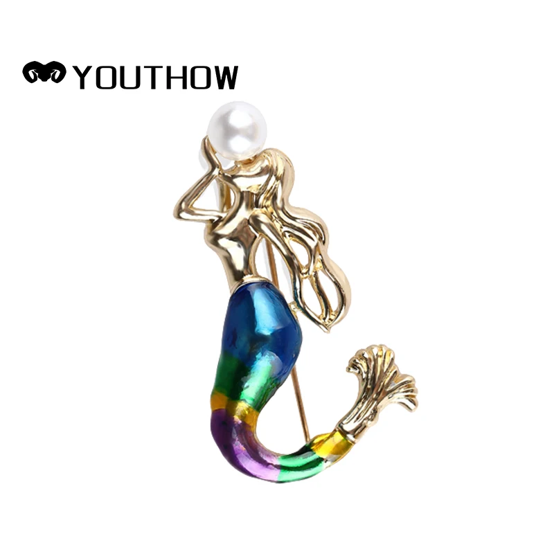 

Woman Fashion Jewelry Mermaid Crystal Brooches Pins Clothes Accessory With Pearl Party Casual Cute Enamel Brooch Pins For Womens