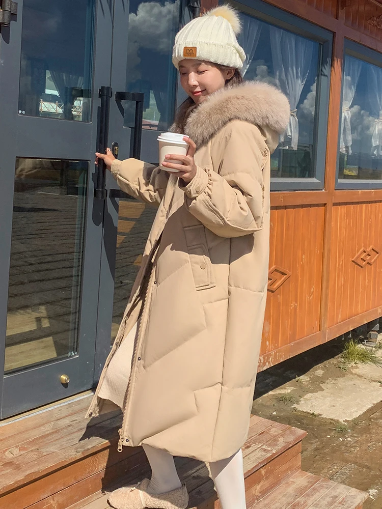Korean Style Fashion Winter Long Parka For Women's Hooded With Fur Collar Warm Thicken Oversize Loose Coat Solid Jacket