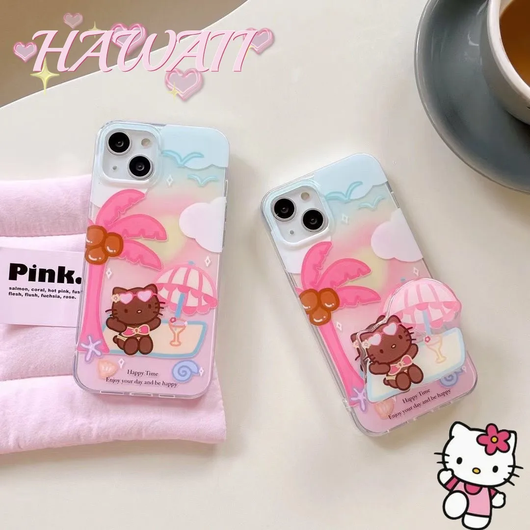 

Anime Pink Coconut Tree Leisurely Vacation Hellokitty Hawaii Style Mobile Phone Case for Iphone 14 Promax 13 12 11 Pro Cute Gift
