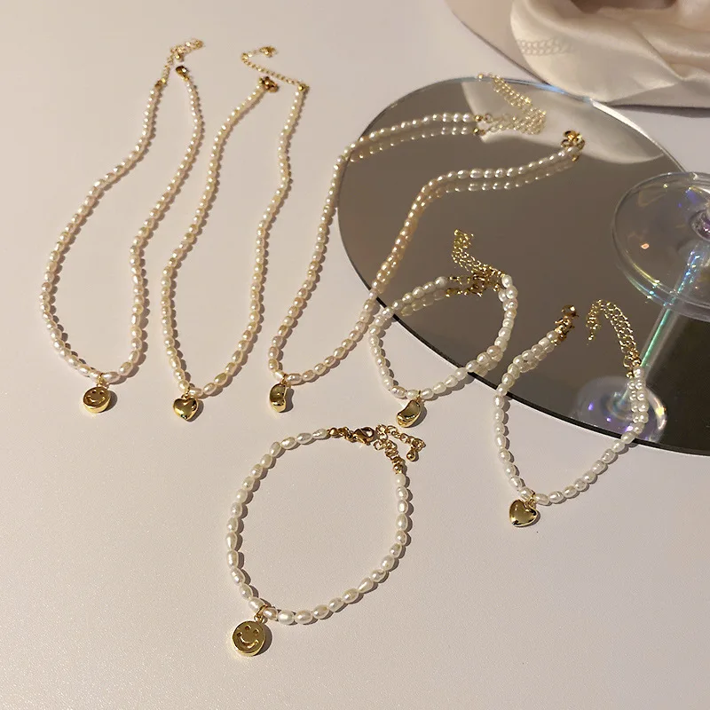 

Minar Chic Multiple Gold Color Smile Face Bean Heart Pendant Necklaces for Women Freshwater Pearl Beaded Choker Necklace Gifts