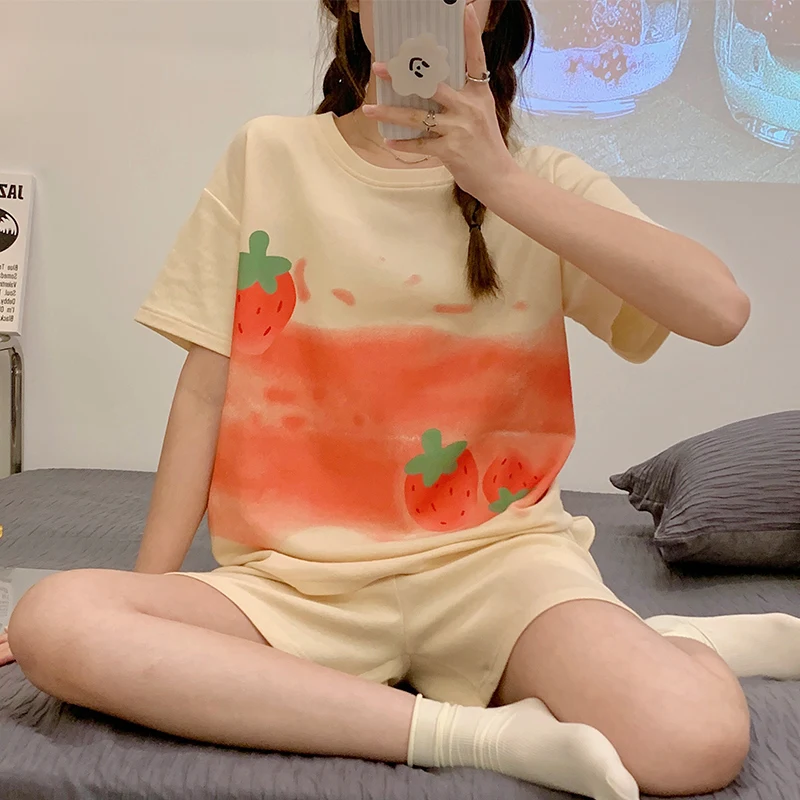 Summer Cotton Women Pajamas Set Loose Leisure Short Sleeve Top+ Pant 2 Pieces Women Sleepwear Home Wear Tracksuit Outwear