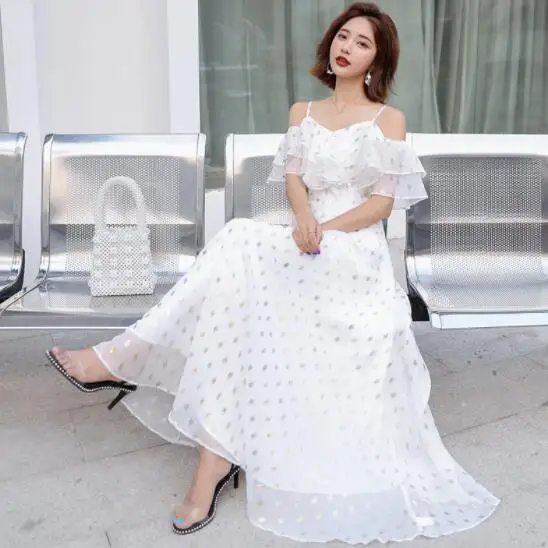 Женское шифоновое платье в стиле бохо Элегантное Длинное белое на лямках с