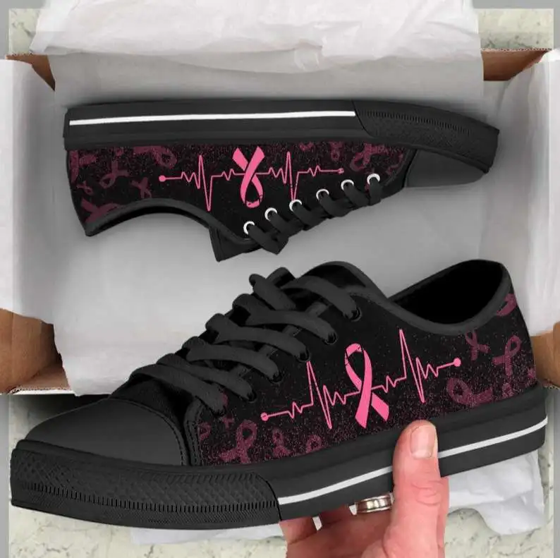 

Hot Breast Cancer Ribbon Heartbeat Woman Man Lightweight Fashion Sneakers Casual Board Shoes High Quality Low Help Canvas Shoes
