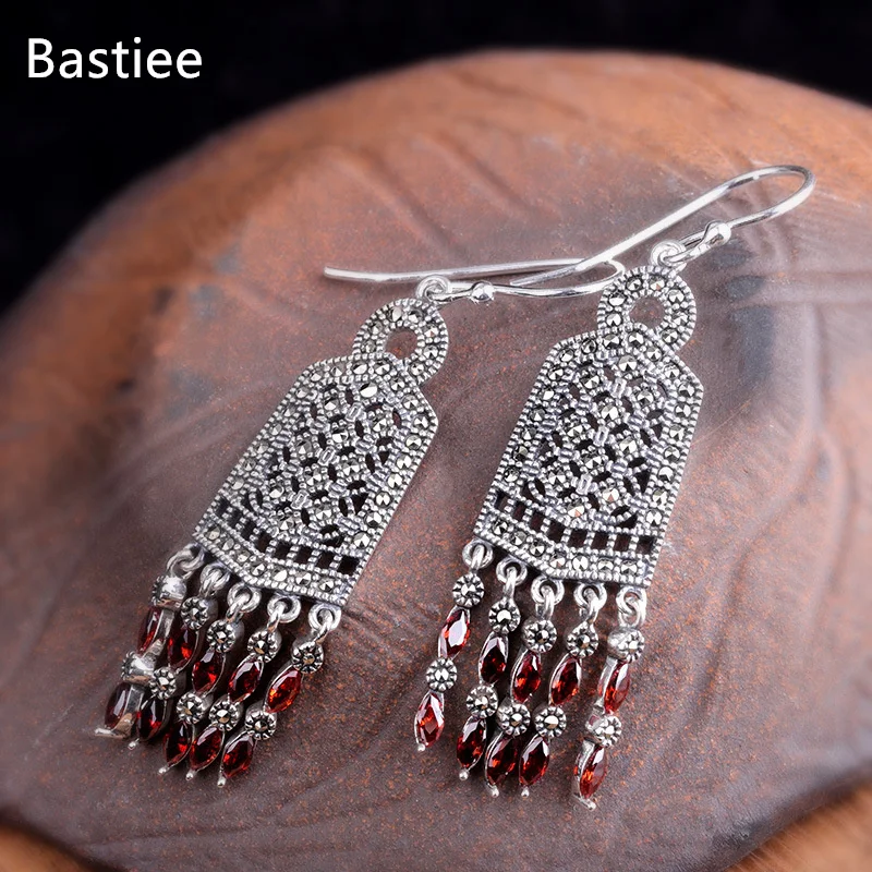 

Bastiee Silver 925 Tassels Earrings for Women Garnet Eardrops Fashion Jewelry Pendientes Gifts