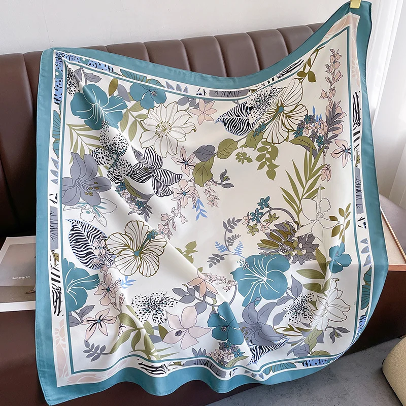 Роскошный женский шарф Шелковый квадратный хиджаб с цветочным принтом шейный