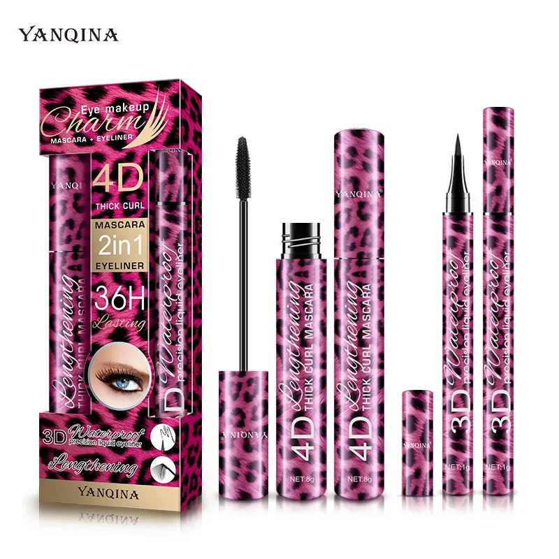 

2 In 1 4D Mascara Lengthening Waterproof 3D Liquid Eyeliner Eye Mascara Black Volume With Silk Fibers Brush Eyelash Makeup Tool