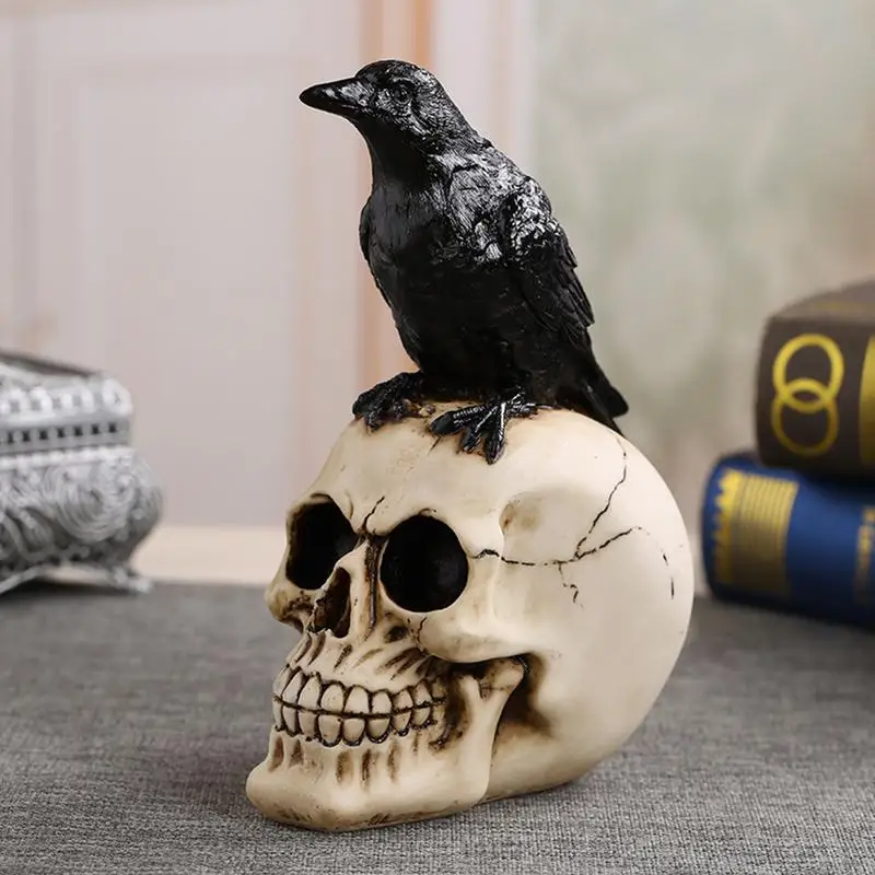 

Raven On Skull Home Decor Gothic Crow On Skull Statue Halloween Decoration Bird Perching On Skeleton Figurine Realistic Ornament