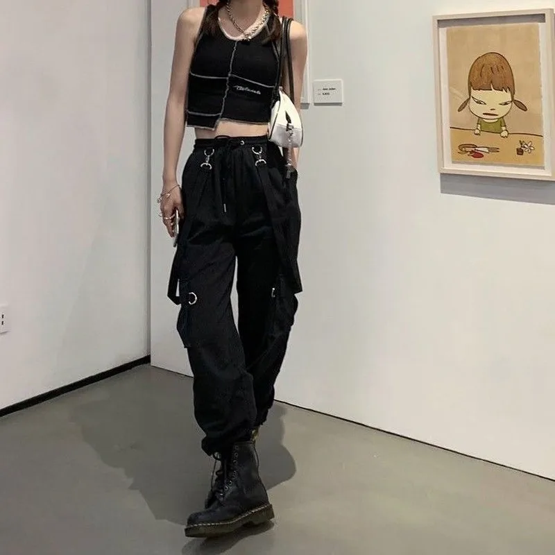 QWEEK Gothic Cargo Pants Women Harajuku Black High Waisted Hippie Streetwear Kpop Oversize Mall Goth Wide Trousers For Female