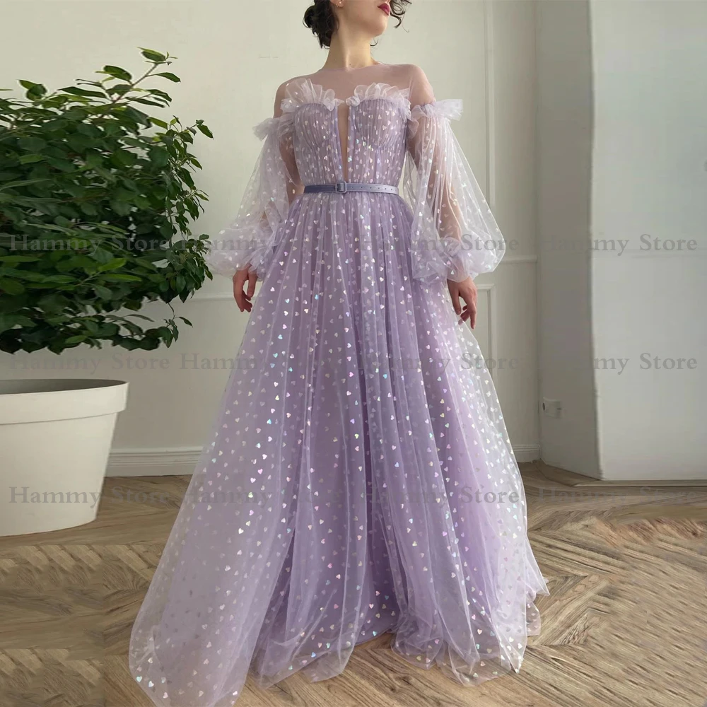 

Lilac Prom Dress Puff Sleeves Jewel Neck Heart Print Soft Tulle A Line Evening Party Gown Sweep Train Pageant Dresses