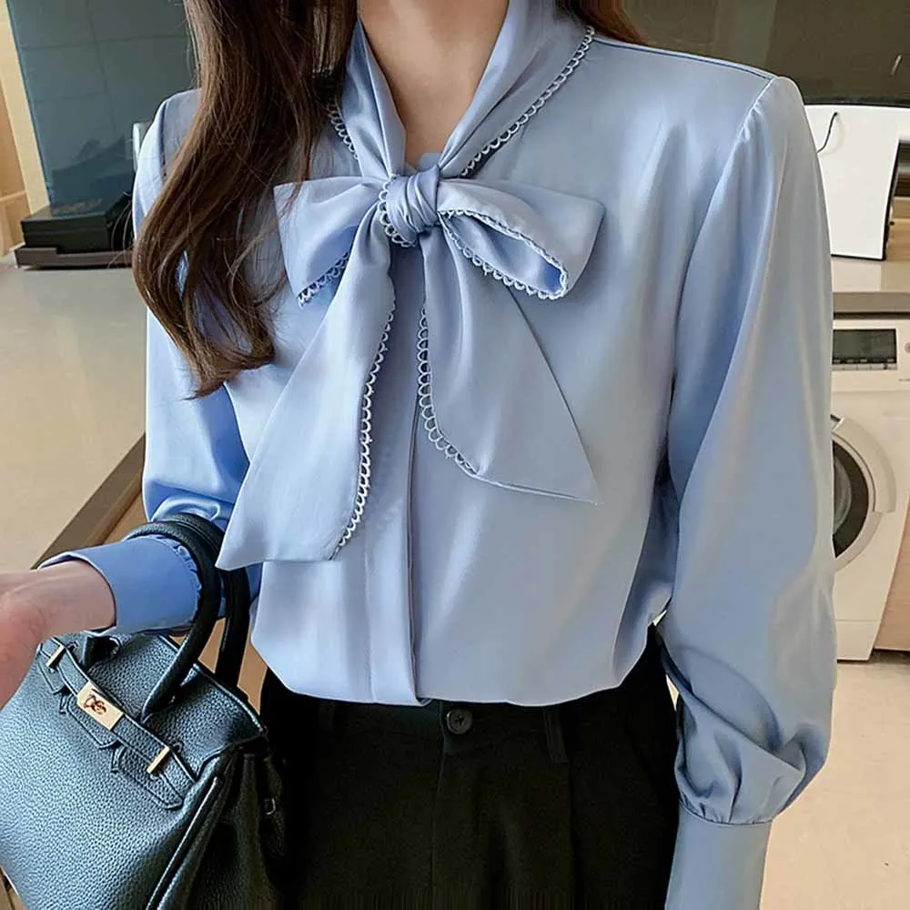 

Блузка Женская атласная шифоновая с длинным рукавом и бантом, белая или Синяя