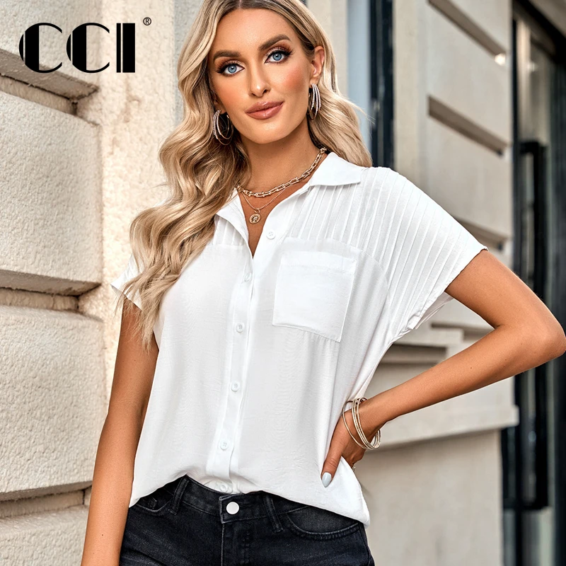 

CCI Rushed Shirt Blusas Para Mujer Blouse Polyester Lightweight Regular Loose Fit Broadcloth Solid Women Shirts YJ035T