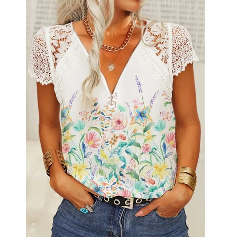 

Floral Pattern V-Neck Zip Lace Women Shirts 2023 Summer Hollow Short Sleeve Print Pullover Blouses Women Casual Loose Tops 25949