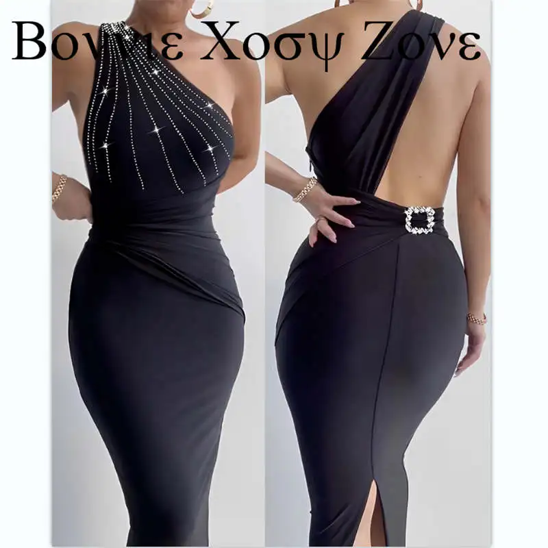 

Dress For Women 2023 Rhinestone Decor One Shoulder Backless Ruched Party Dress