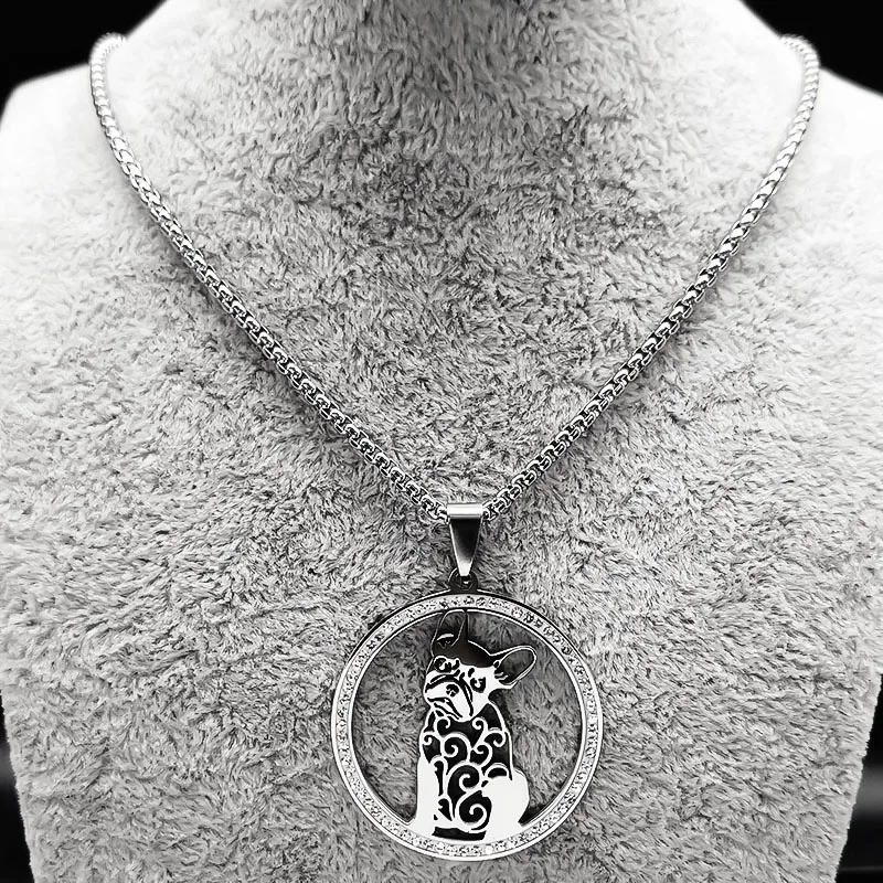 Французский бульдог чихуахуа пудель собака хрустальное ожерелье из нержавеющей стали серебряного цвета украшение для женщин.