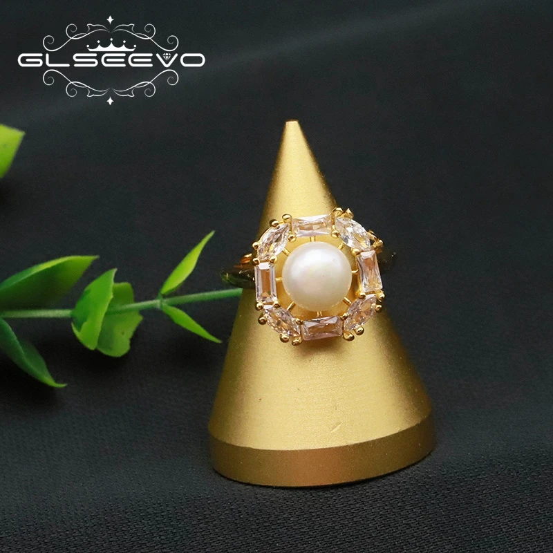 

GLSEEVO Natural White Pearls Zircon Quadrilateral Ring For Woman Minimalism Luxury Popular Fine Banquet party Jewelry