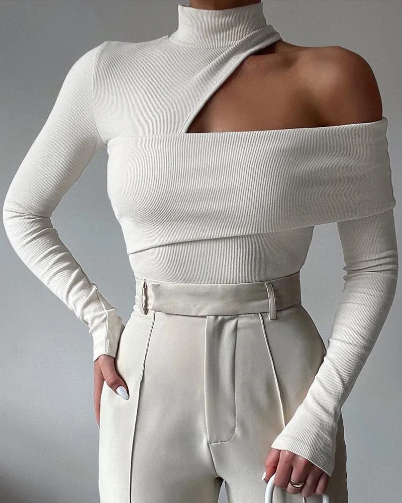 

Женский трикотажный свитер на одно плечо, Однотонный свитер с длинным рукавом и высоким воротом