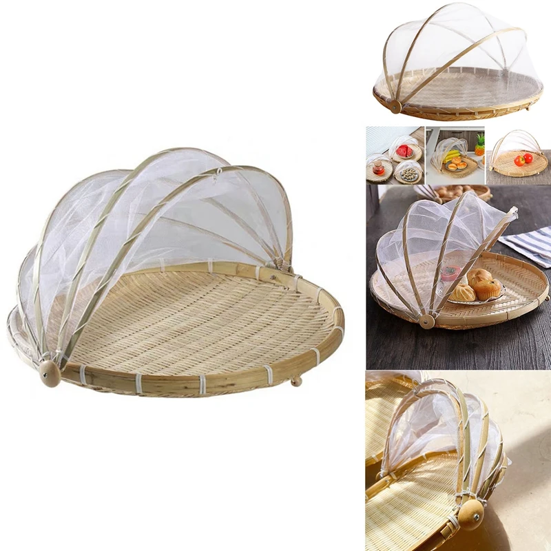 

Promotion! Hand-Woven Food Serving Tent Basket Tray Fruit Vegetable Bread Storage Basket Simple Outdoor Picnic Mesh Net Cover