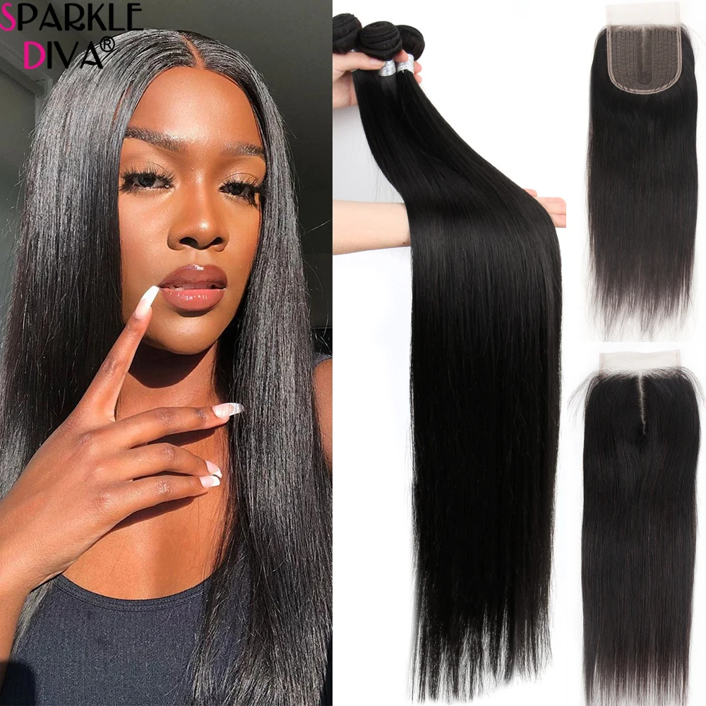 Natural color hair bundles with closure straight 250g/set Brazilian human hair middle part 5x5 closure with T type lace bundles