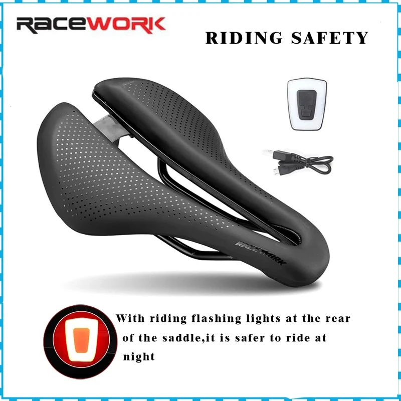 

RACEWORK Pro4 MTB Bike Saddle Hollow Soft Comfortable Breathable Seat With Warning Taillight USB Road Bicycle Cycling Saddles